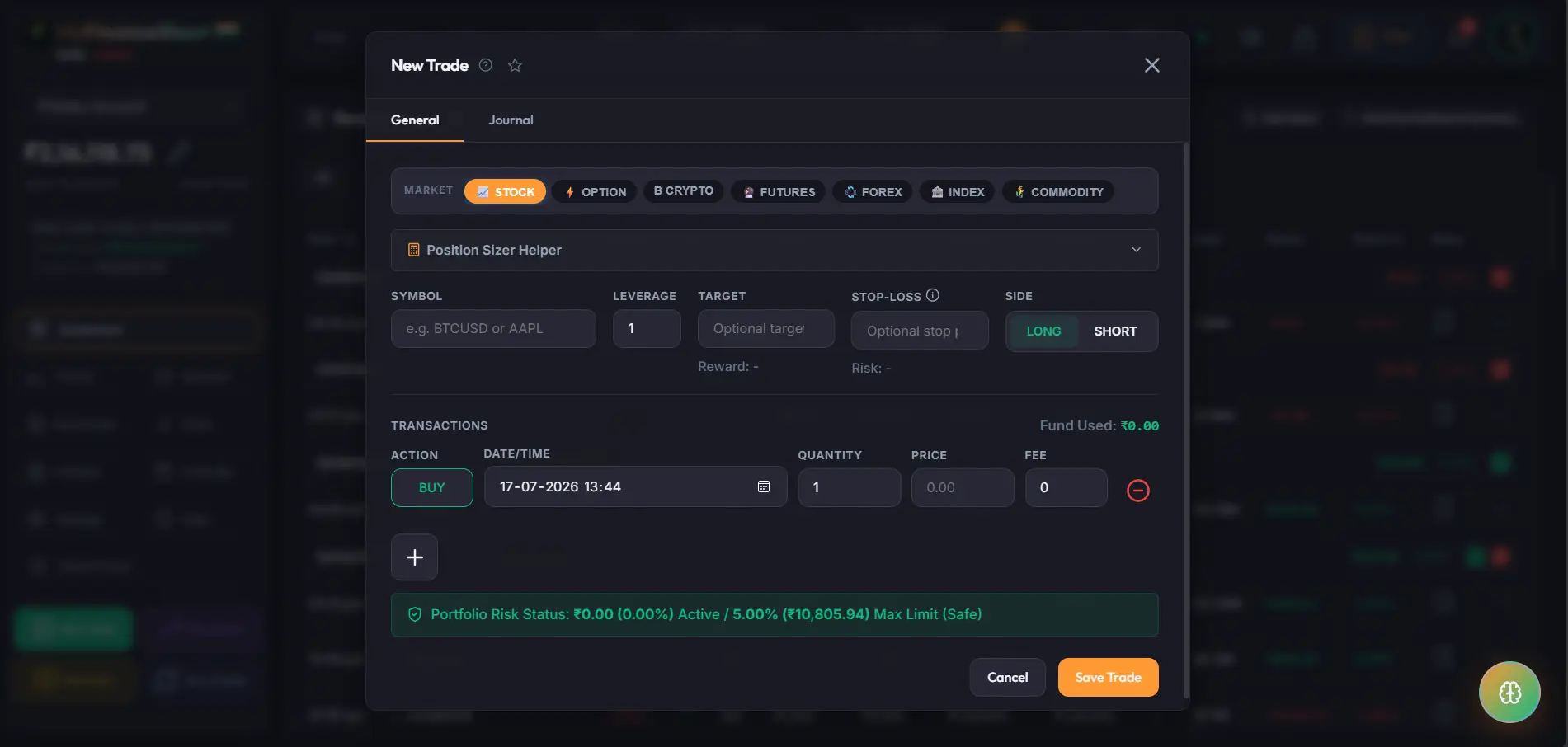 Default Trade Entry Panel
